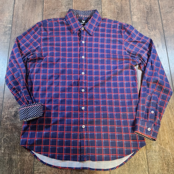 Buttercloth Shirt Men's L Regular Fit Blue Red Check Preppy Flip Cuff Button Up - Picture 2 of 11